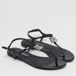 Pre Owned Dolce & Gabbana DG Logo Size 39.5 Black Patent Leather Thong Flats