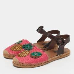 مملوكة مسبقًا Dolce & Gabbana Size 41 Brown/Red Raffia and Leather Pineapple Kiwi Patch Espadrille Sandals 