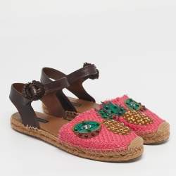 مملوكة مسبقًا Dolce & Gabbana Size 41 Brown/Red Raffia and Leather Pineapple Kiwi Patch Espadrille Sandals 