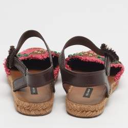 مملوكة مسبقًا Dolce & Gabbana Size 41 Brown/Red Raffia and Leather Pineapple Kiwi Patch Espadrille Sandals 