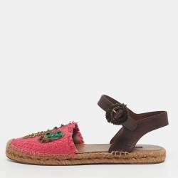 Pre Owned Dolce & Gabbana Size 41 Brown/Red Raffia and Leather Pineapple Kiwi Patch Espadrille Sandals 