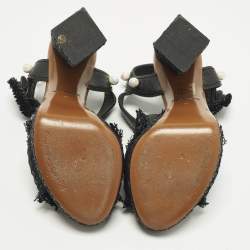 مملوكة مسبقًا Dolce & Gabbana Size 36 Black Leather and Raffia Faux Pearls T Strap Sandals