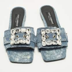 Pre Owned Dolce & Gabbana Size 39 Blue Denim Crystal Embellished Buckle Flat Slide