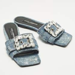 Pre Owned Dolce & Gabbana Size 39 Blue Denim Crystal Embellished Buckle Flat Slide