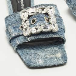 Pre Owned Dolce & Gabbana Size 39 Blue Denim Crystal Embellished Buckle Flat Slide