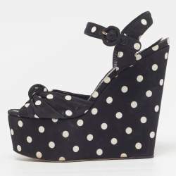 Pre Owned Dolce & Gabbana Polka Dot Size 41 Black Fabric Ankle Strap Platform Wedge Sandals