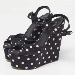 Pre Owned Dolce & Gabbana Polka Dot Size 41 Black Fabric Ankle Strap Platform Wedge Sandals