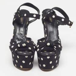 Pre Owned Dolce & Gabbana Polka Dot Size 41 Black Fabric Ankle Strap Platform Wedge Sandals
