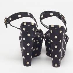 Pre Owned Dolce & Gabbana Polka Dot Size 41 Black Fabric Ankle Strap Platform Wedge Sandals