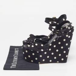 Pre Owned Dolce & Gabbana Polka Dot Size 41 Black Fabric Ankle Strap Platform Wedge Sandals