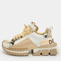 Pre Owned Dolce & Gabbana Super King Size 38.5 White/Gold Leather Low Top Sneakers