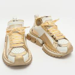 Pre Owned Dolce & Gabbana Super King Size 38.5 White/Gold Leather Low Top Sneakers