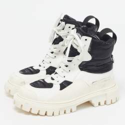 Pre Owned Dolce & Gabbana Size 40 White/Black Leather and Nylon Combat Boots