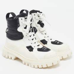 Pre Owned Dolce & Gabbana Size 40 White/Black Leather and Nylon Combat Boots