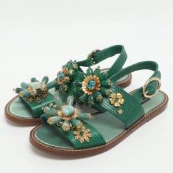 Pre Owned صندل فلات دولتشي أند غابانا مزين جلد نقش السحلية أخضر مقاس 37.5