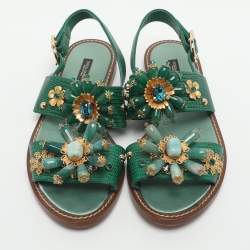 Pre Owned صندل فلا ت دولتشي أند غابانا مزين جلد نقش السحلية أخضر مقاس 37.5