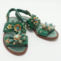 Pre Owned صندل فلات دولتشي أند غابانا مزين جلد نقش السحلية أخضر مقاس 37.5
