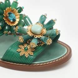 Pre Owned صندل فلات دولتشي أند غابانا مزين جلد نقش السحلية أخضر مقاس 37.5