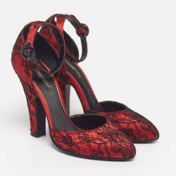 Pre Owned Dolce & Gabbana Size 37 Red Lace Ankle Strap Sandals