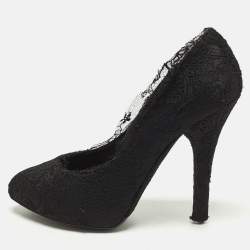 Pre Owned Dolce & Gabbana Size 38 Black Lace and Satin Round Teo Pumps