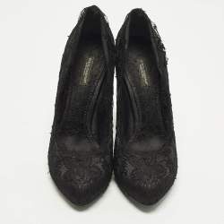 Pre Owned Dolce & Gabbana Size 38 Black Lace and Satin Round Teo Pumps