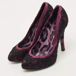 مملوكة مسبقًا Dolce & Gabbana Size 37 Purple/Black Lace and Satin Round Toe Pumps