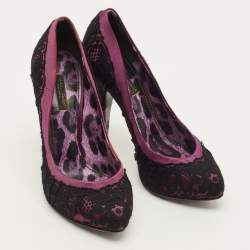 مملوكة مسبقًا Dolce & Gabbana Size 37 Purple/Black Lace and Satin Round Toe Pumps