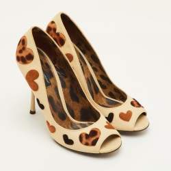 Pre Owned Dolce & Gabbana Hearts Size 38 Cream/Brown Leather, Calf Hair and Suede Peep Toe Pumps