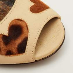 Pre Owned Dolce & Gabbana Hearts Size 38 Cream/Brown Leather, Calf Hair and Suede Peep Toe Pumps