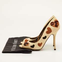 Pre Owned Dolce & Gabbana Hearts Size 38 Cream/Brown Leather, Calf Hair and Suede Peep Toe Pumps