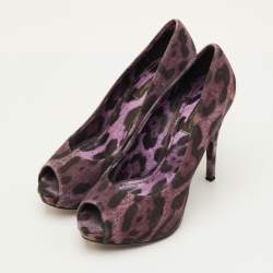 Pre Owned Dolce & Gabbana Size 36.5 Purple Leopard Print Denim Peep Toe Platform Pumps