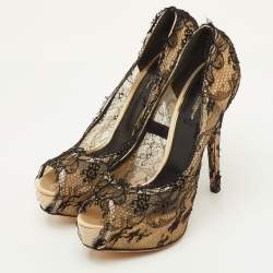 Pre Owned Dolce & Gabbana Size 38.5 Black/Beige Lace and Mesh Peep Toe Platform Pumps