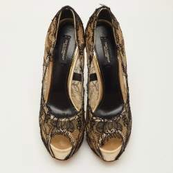 Pre Owned Dolce & Gabbana Size 38.5 Black/Beige Lace and Mesh Peep Toe Platform Pumps