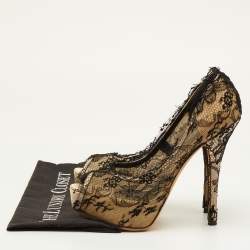 Pre Owned Dolce & Gabbana Size 38.5 Black/Beige Lace and Mesh Peep Toe Platform Pumps