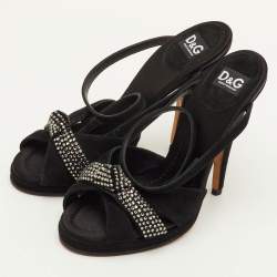 Pre Owned Dolce & Gabbana Size 36 Black Suede Knot Crystal Embellished Ankle Strap Sandals