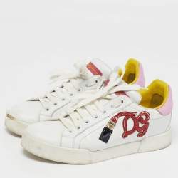 Pre Owned Dolce & Gabbana Portofino Size 37 White/Pink Leather Lace Up Sneakers