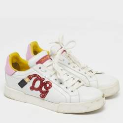 Pre Owned Dolce & Gabbana Portofino Size 37 White/Pink Leather Lace Up Sneakers