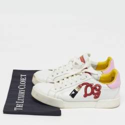 Pre Owned Dolce & Gabbana Portofino Size 37 White/Pink Leather Lace Up Sneakers