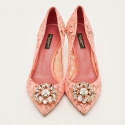 Pre Owned Dolce & Gabbana Bellucci Size 38 Pink Lace and Mesh Pumps