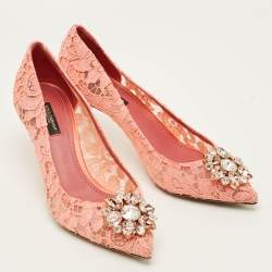 Pre Owned Dolce & Gabbana Bellucci Size 38 Pink Lace and Mesh Pumps