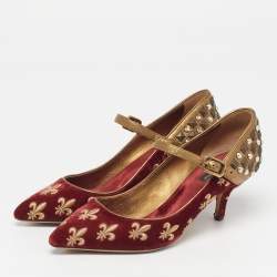 Pre Owned Dolce & Gabbana Lily Size 39 Red Brocade Velvet Leather Mary Jane Pumps