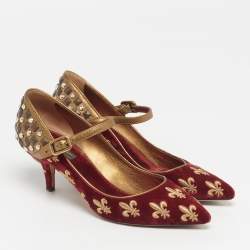 Pre Owned Dolce & Gabbana Lily Size 39 Red Brocade Velvet Leather Mary Jane Pumps
