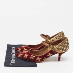 Pre Owned Dolce & Gabbana Lily Size 39 Red Brocade Velvet Leather Mary Jane Pumps