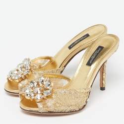 Pre Owned Dolce & Gabbana Keira Size 35 Gold Lace and Mesh Crystal Embellished Slide Sandals