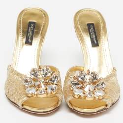 Pre Owned Dolce & Gabbana Keira Size 35 Gold Lace and Mesh Crystal Embellished Slide Sandals