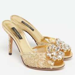 Pre Owned Dolce & Gabbana Keira Size 35 Gold Lace and Mesh Crystal Embellished Slide Sandals