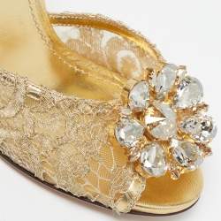 Pre Owned Dolce & Gabbana Keira Size 35 Gold Lace and Mesh Crystal Embellished Slide Sandals