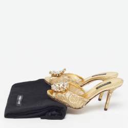 Pre Owned Dolce & Gabbana Keira Size 35 Gold Lace and Mesh Crystal Embellished Slide Sandals
