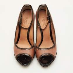 Pre Owned Dolce & Gabbana Size 39.5 Brown/Black Patent and Leather Peep Toe Platform Ankle Strap Pumps