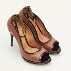 Pre Owned Dolce & Gabbana Size 39.5 Brown/Black Patent and Leather Peep Toe Platform Ankle Strap Pumps